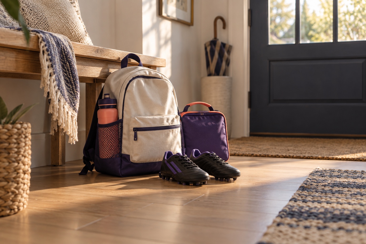 A backpack, lunch bag, and soccer cleats waiting by the family’s door